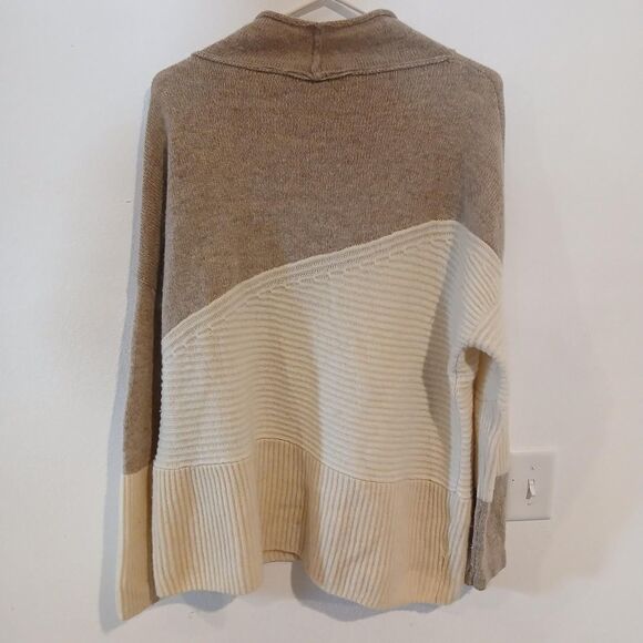 French-connection Women's Wool Blend Tan and Cream Color Block Sweater M - Picture 2 of 5